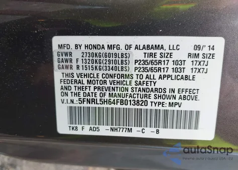 2015 Honda Odyssey Ex-L from USA, damaged, VIN 5FNRL5H64FB013820
